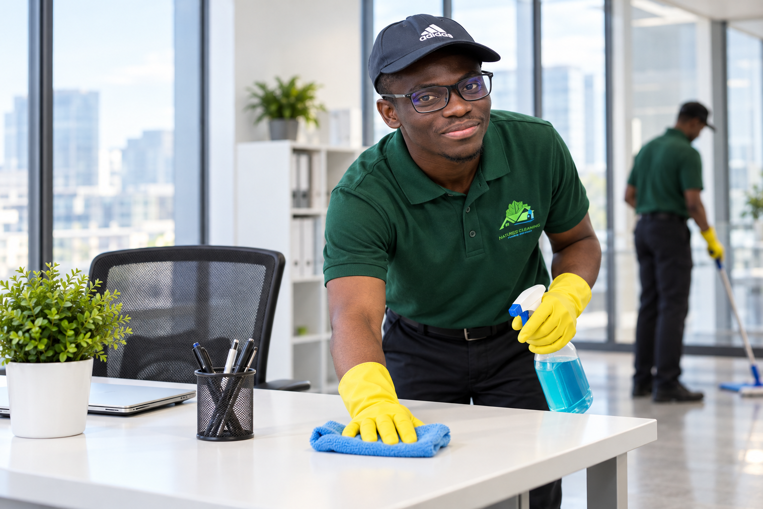 Cleaner wiping desk in modern office new homeowner cleaning guide